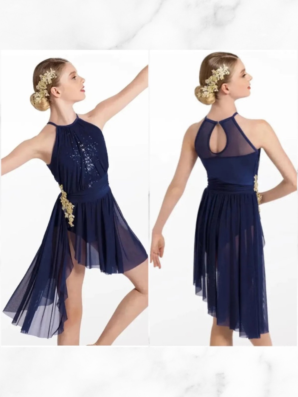 Girls Navy Blue 10,000 Miles With Gold Gems Dance Costume